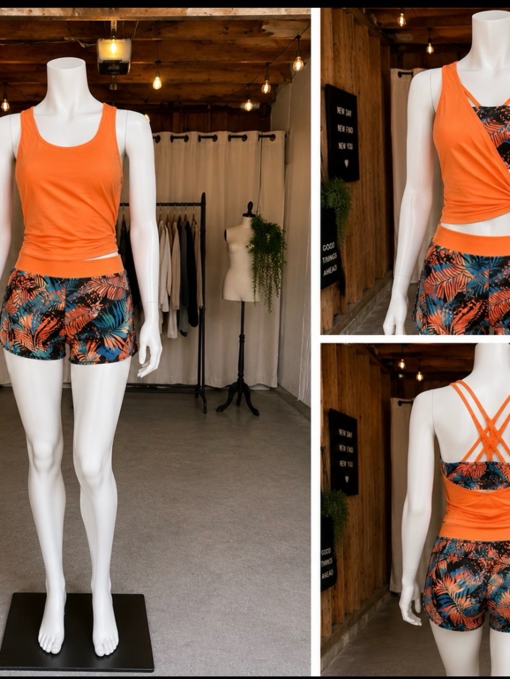 Orange Tropical Print Women's Bikini Set - Tank & Shorts